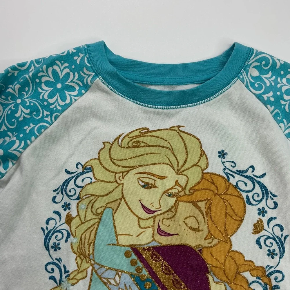 Disney Frozen Teal White Sweatshirt Kids XL/6X Elsa Anna Glitter Raglan Sleeves